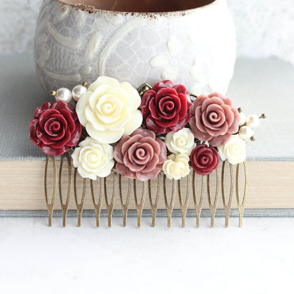 Floral Hair Comb | Dusty Rose and Deep Red Roses
