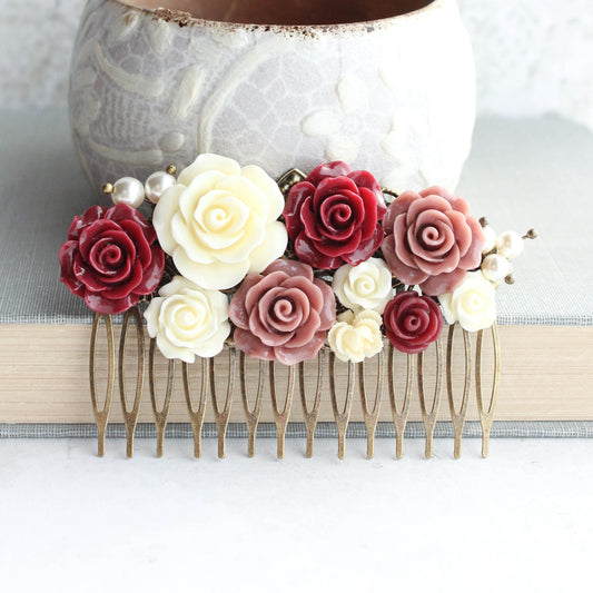 Floral Hair Comb | Dusty Rose and Deep Red Roses