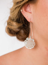 Load image into Gallery viewer, Long Filigree Earrings, Silver Lace Drop, Dangle Earrings, Romantic Earrings, Floral Lattice, Gift For her, Bridesmaids Jewelry, Nickel Free