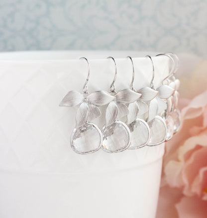 Silver Orchid Earrings | Clear Glass Jewel