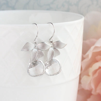 Silver Orchid Earrings | Clear Glass Jewel