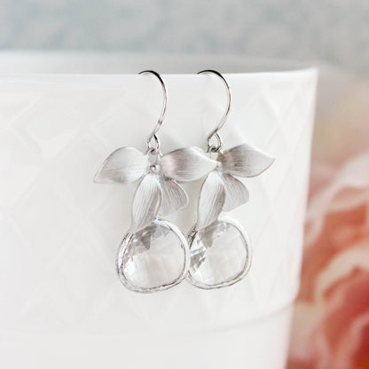 Silver Orchid Earrings | Clear Glass Jewel