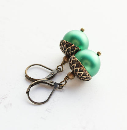Kelly Green Acorn Earrings | Christmas Pearl Drop Earrings