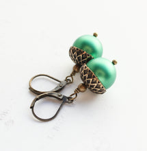 Load image into Gallery viewer, Kelly Green Acorn Earrings | Christmas Pearl Drop Earrings