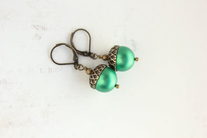 Kelly Green Acorn Earrings | Christmas Pearl Drop Earrings