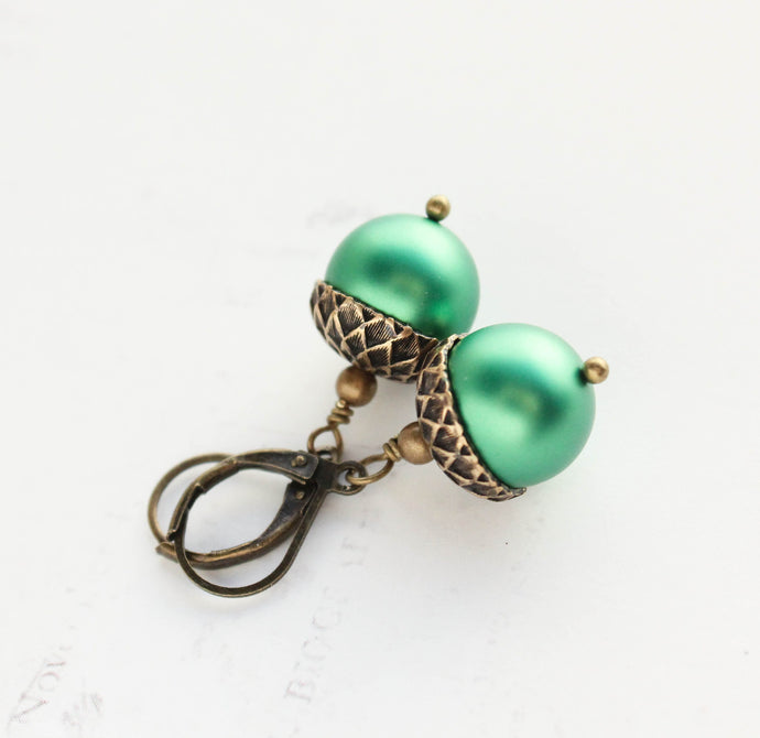 Kelly Green Acorn Earrings | Christmas Pearl Drop Earrings