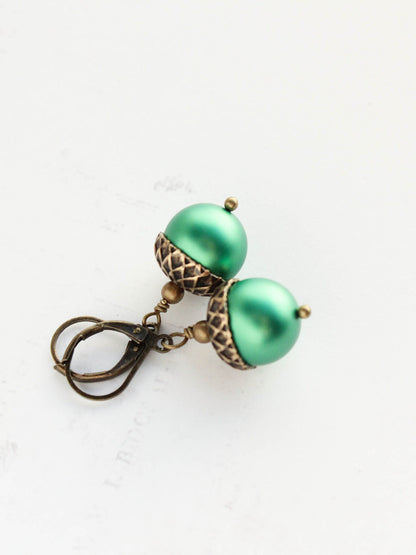 Kelly Green Acorn Earrings | Christmas Pearl Drop Earrings