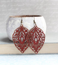Load image into Gallery viewer, Rust Red Earrings Red Patina Big Filigree Earrings Long Earrings Boho Fashion Autumn Dangle Earrings Hippie Chic Colorful Statement Jewelry