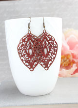 Load image into Gallery viewer, Rust Red Earrings Red Patina Big Filigree Earrings Long Earrings Boho Fashion Autumn Dangle Earrings Hippie Chic Colorful Statement Jewelry