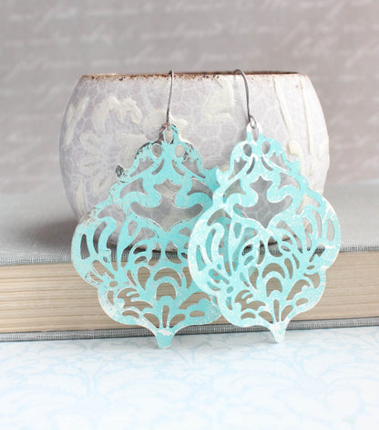 Aqua Mint Earrings | Big Damask Filigree Earrings