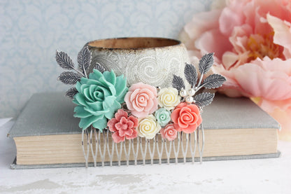 Bridal Hair Comb | Teal and Coral Roses