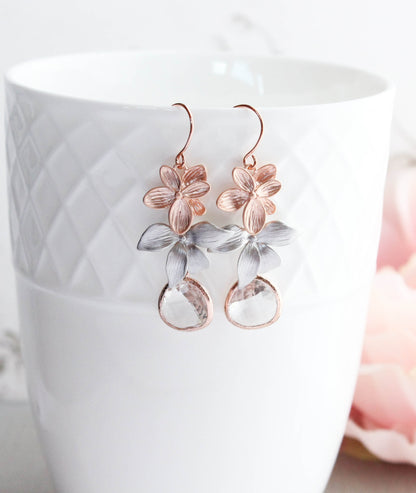 Rose Gold Flower Earrings | Silver Floral Dangles
