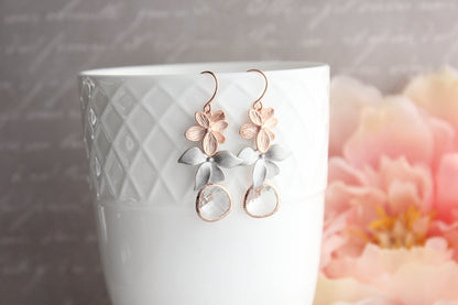 Rose Gold Flower Earrings | Silver Floral Dangles