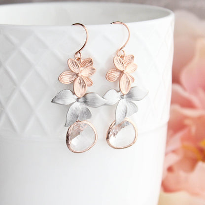 Rose Gold Flower Earrings | Silver Floral Dangles