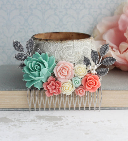 Bridal Hair Comb | Teal and Coral Roses