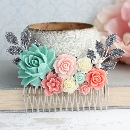 Bridal Hair Comb | Teal and Coral Roses