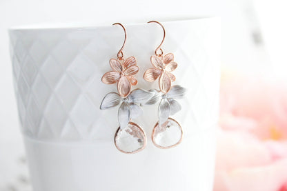 Rose Gold Flower Earrings | Silver Floral Dangles