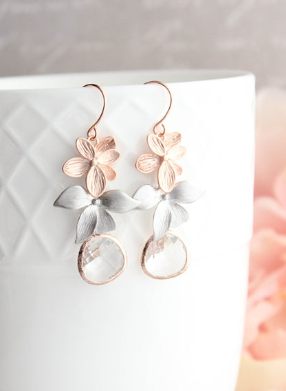 Rose Gold Flower Earrings | Silver Floral Dangles