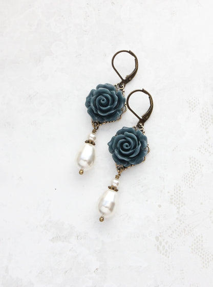 Navy Blue Rose Earrings | Pearl Drop