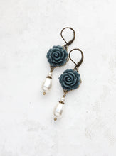 Load image into Gallery viewer, Navy Blue Rose Earrings | Pearl Drop