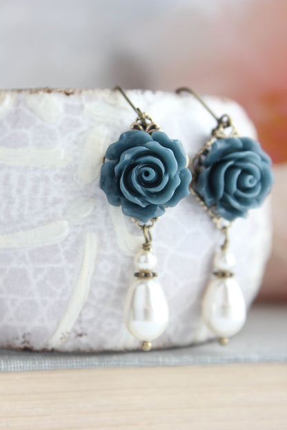 Navy Blue Rose Earrings | Pearl Drop