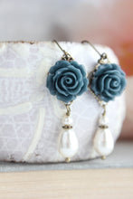 Load image into Gallery viewer, Navy Blue Rose Earrings | Pearl Drop