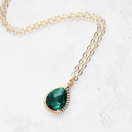 Glass Teardrop Pendant Necklace (9 colors) Gold Chain