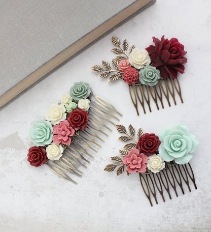 Floral Hair Comb | Deep Red and Mint Green