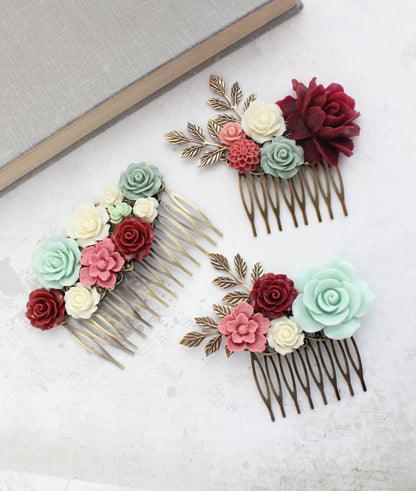 Floral Hair Comb | Deep Red and Mint Green