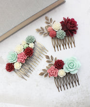 Load image into Gallery viewer, Floral Hair Comb | Deep Red and Mint Green
