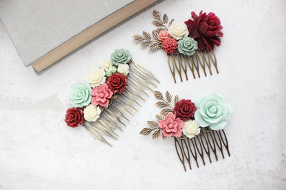 Floral Hair Comb | Deep Red and Mint Green