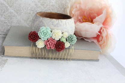 Floral Hair Comb | Deep Red and Mint Green