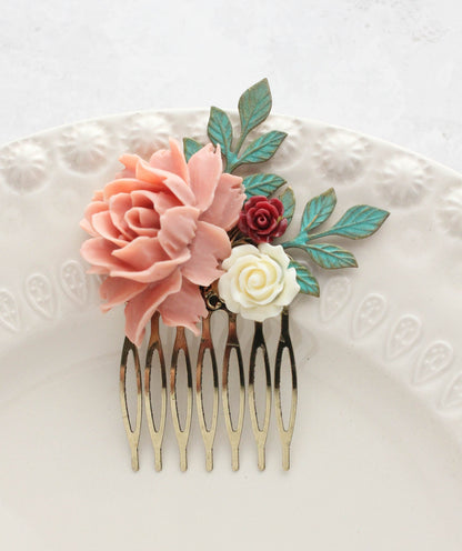 Bridal Hair Comb | Verdigris Patina Leaves