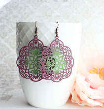 Load image into Gallery viewer, Boho Filigree Earrings | Berry Merlot and Green Patina