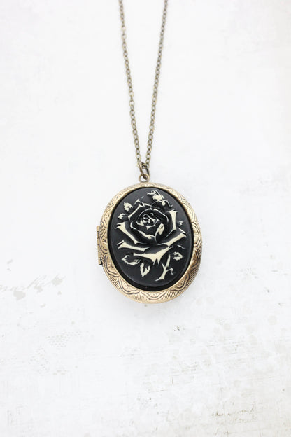 Black and Ivory Cream Rose Cameo Locket Necklace