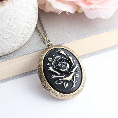Black and Ivory Cream Rose Cameo Locket Necklace
