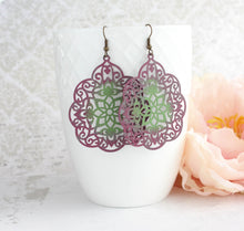 Load image into Gallery viewer, Boho Filigree Earrings | Berry Merlot and Green Patina