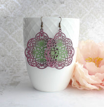 Load image into Gallery viewer, Boho Filigree Earrings | Berry Merlot and Green Patina