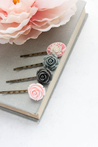 Pink Rose Bobby Pins |Grey Flowers For Hair