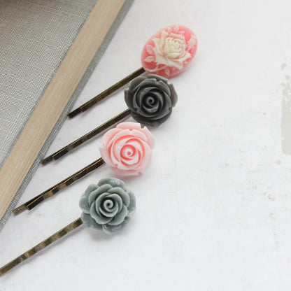 Pink Rose Bobby Pins |Grey Flowers For Hair
