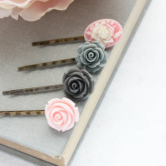 Pink Rose Bobby Pins |Grey Flowers For Hair