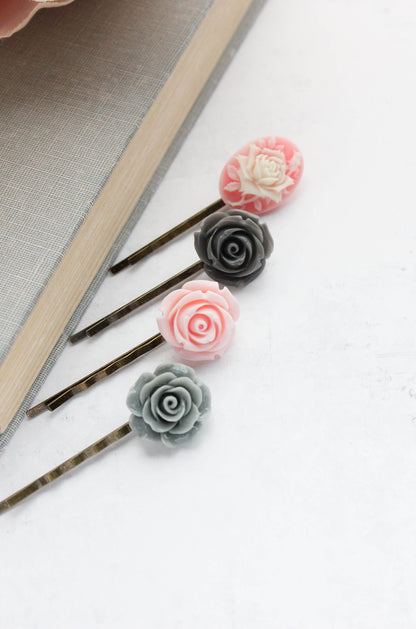 Pink Rose Bobby Pins |Grey Flowers For Hair