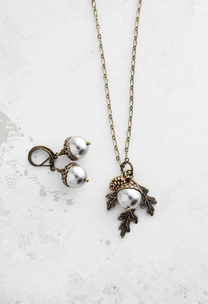 Light Grey Acorn Necklace | Silver Pearl Acorn and Branch Pendant