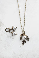 Load image into Gallery viewer, Light Grey Acorn Necklace | Silver Pearl Acorn and Branch Pendant