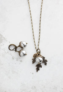 Light Grey Acorn Necklace | Silver Pearl Acorn and Branch Pendant
