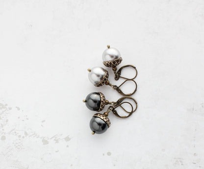 Light Grey Acorn Necklace | Silver Pearl Acorn and Branch Pendant