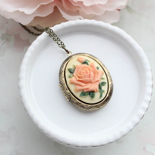 Big Photo Locket Necklace | Peach Rose Cameo