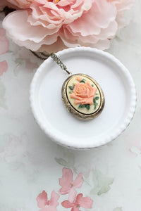 Big Photo Locket Necklace | Peach Rose Cameo