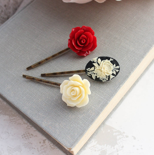 Red Rose and Black Flower Cameo Bobby Pins (set of 3)
