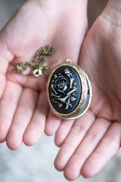 Black and Ivory Cream Rose Cameo Locket Necklace